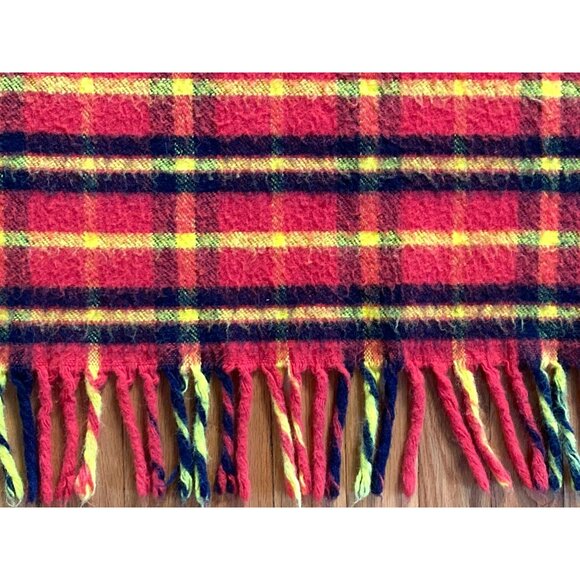 Vintage Plaid Blanket Orange Yellow Black 60s 70s Mod MCM Fringe Retro - Picture 3 of 4